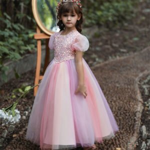 Lentejuelas Vestido Falda Larga de Niña con Mangas Abullonadas TQE040