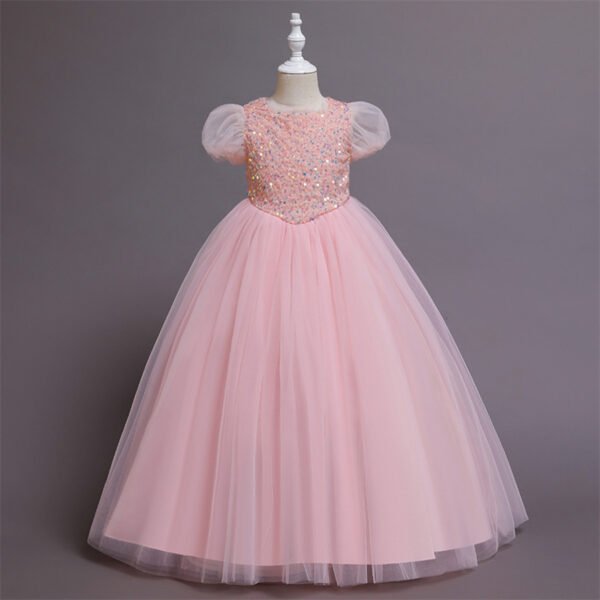Vestidos de Niñas TQE040-3 Lentejuelas Vestido Falda Larga de Niña con Mangas Abullonadas TQE040