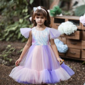 Especial Vestido Niña Mangas Voladras Encima Lentejuelas TQE070