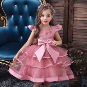 Elegante Vestido Niña de Gasa Agata de Talle Alto Mangas Voladoras TQE073