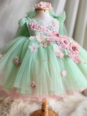 Mint Elegante Princesa Vestido Niña de Gasa Detalle Flor TQL06