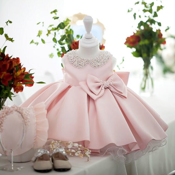 Pink Vestid Niña Con Collar de Muñeca Decorado Perlas para Bautizo TQL10