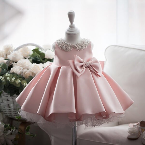 Pink Vestid Niña Con Collar de Muñeca Decorado Perlas para Bautizo TQL10