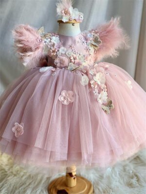 Elegante Blush Vestido Niña con Mangas Voladoras Decorados Flores TQL11