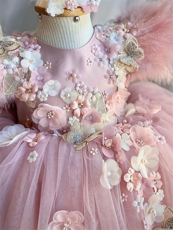 Elegante Blush Vestido Niña con Mangas Voladoras Decorados Flores TQL11