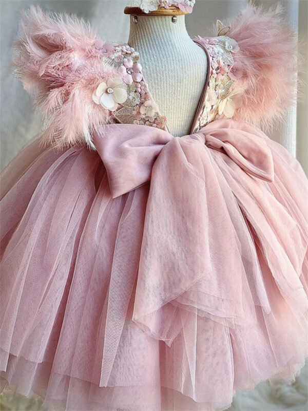 Elegante Blush Vestido Niña con Mangas Voladoras Decorados Flores TQL11