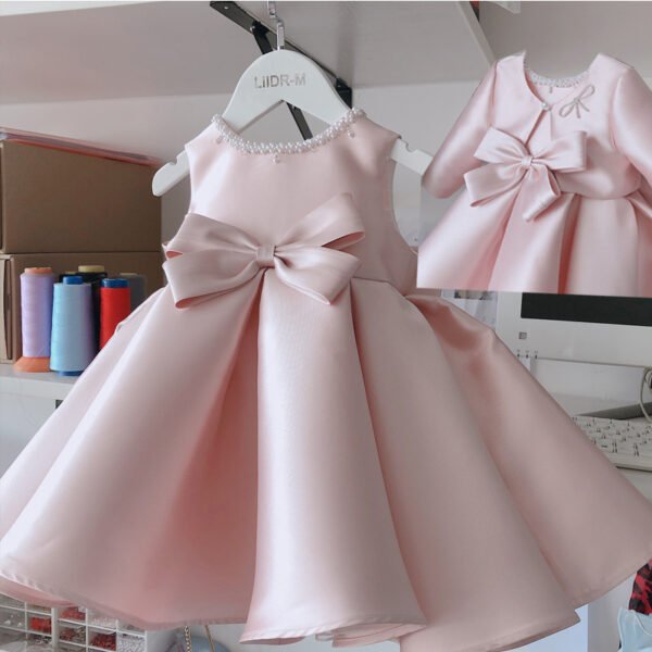 Elegante Blush Vestido Niña de Raso Con Abrigo de Mismo Estilo TQL13