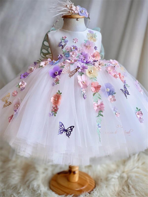 Blanco Elegante Princesa Vestido Niña de Gasa Detalle Flor TQL14