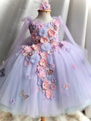 Lila Elegante Princesa Vestido Niña de Gasa Detalle Flor TQL15