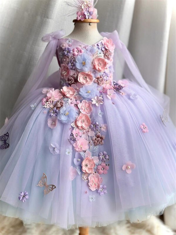 Lila Elegante Princesa Vestido Niña de Gasa Detalle Flor TQL15