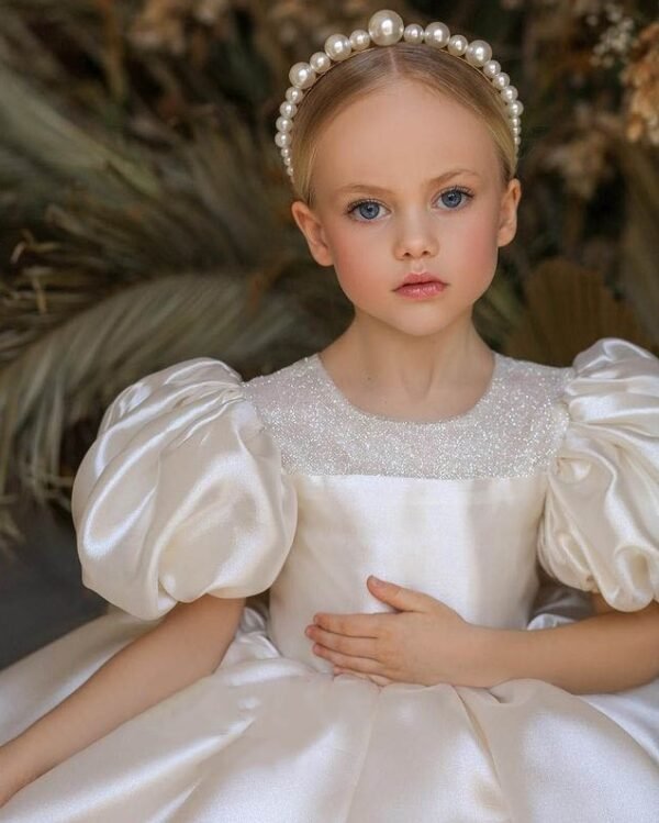 Elegante Blanco Vestido Niña Mangas Abullonadas para Bautizo TQL17