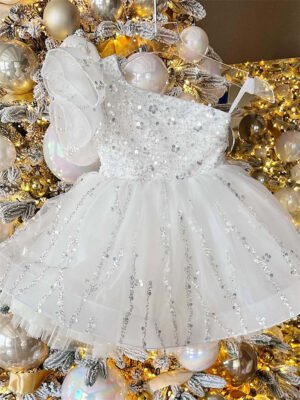 Vestido Niña en Moda Falda de Un Hombro Detalle Lentejuelas TQL22