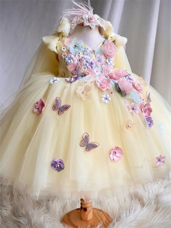Amarillo Elegante Princesa Vestido Niña de Gasa Detalle Flor TQL37