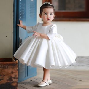 Elegante Vestido Niña de Raso Blanco para Bautizo Primera Comunion TQL42