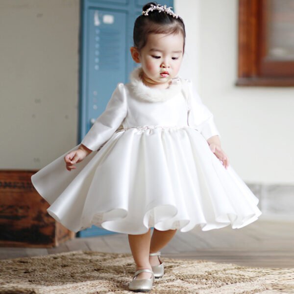 Elegante Vestido Niña de Raso Blanco para Bautizo Primera Comunion TQL42