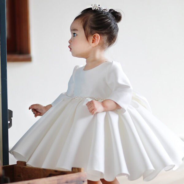 Elegante Vestido Niña de Raso Blanco para Bautizo Primera Comunion TQL42