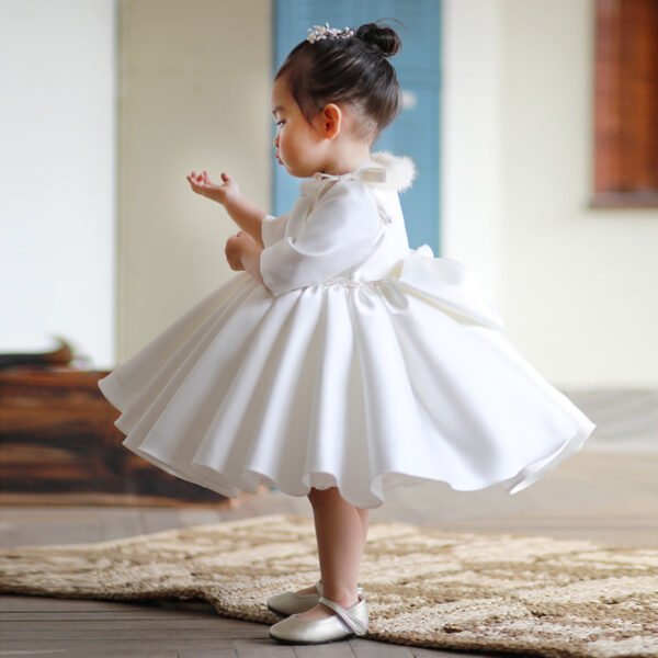 Elegante Vestido Niña de Raso Blanco para Bautizo Primera Comunion TQL42