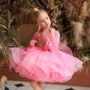 Elegante Pink Vestido Niña Lentejuelas y Falta de Gasa TQL47