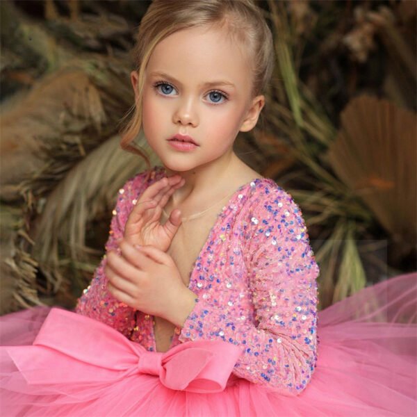 Elegante Pink Vestido Niña Lentejuelas y Falta de Gasa TQL47