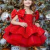 Rojo Vestido Niña para Cena Tutu Modelo con Detalle Lentejuelas y Moños TQL60