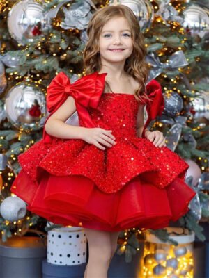 Rojo Vestido Niña para Cena Tutu Modelo con Detalle Lentejuelas y Moños TQL60