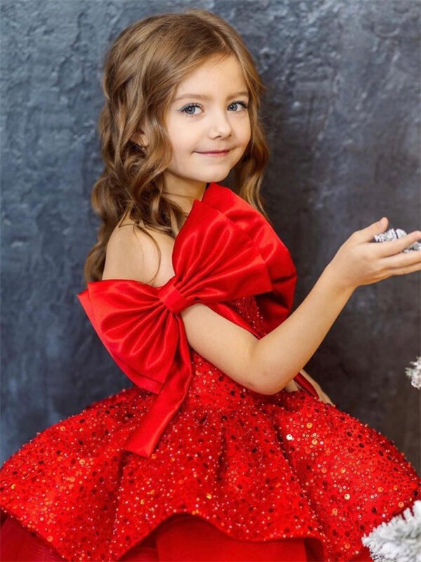 Rojo Vestido Niña para Cena Tutu Modelo con Detalle Lentejuelas y Moños TQL60