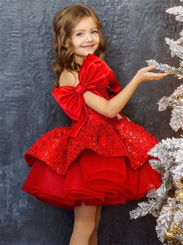 Rojo Vestido Niña para Cena Tutu Modelo con Detalle Lentejuelas y Moños TQL60