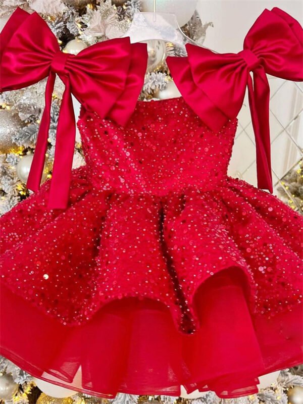 Rojo Vestido Niña para Cena Tutu Modelo con Detalle Lentejuelas y Moños TQL60