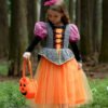 Set Vestido de Niña Bruja Calabaza Tematica Princesa Vestido Vispera con Banda y Bolsa TQP19