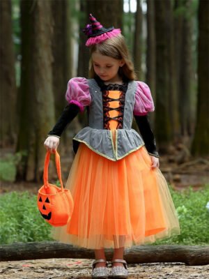 Set Vestido de Niña Bruja Calabaza Tematica Princesa Vestido Vispera con Banda y Bolsa TQP19