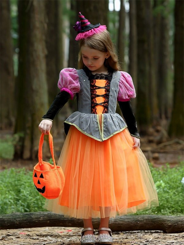 Set Vestido de Niña Bruja Calabaza Tematica Princesa Vestido Vispera con Banda y Bolsa TQP19