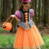 Set Vestido de Niña Bruja Calabaza Tematica Princesa Vestido Vispera con Banda y Bolsa TQP19