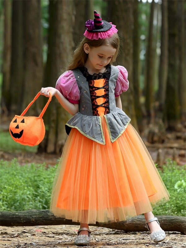 Set Vestido de Niña Bruja Calabaza Tematica Princesa Vestido Vispera con Banda y Bolsa TQP19