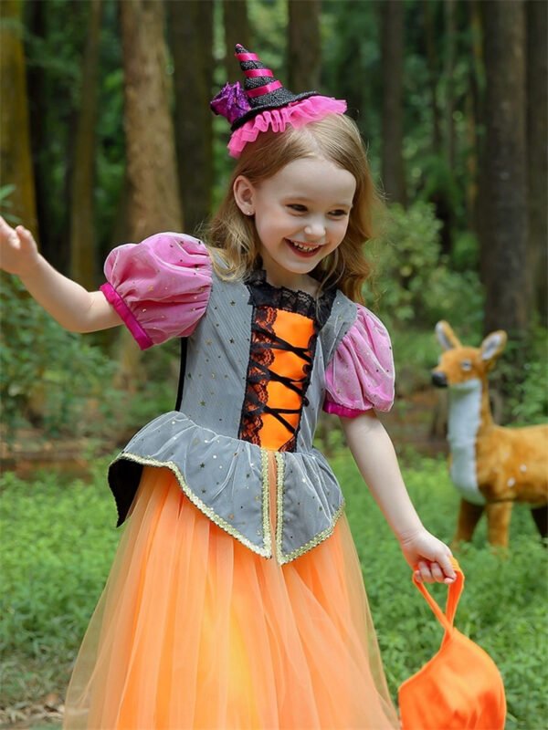 Set Vestido de Niña Bruja Calabaza Tematica Princesa Vestido Vispera con Banda y Bolsa TQP19